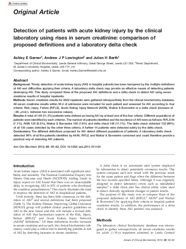 (PDF) Detection of patients with acute kidney injury by the clinical