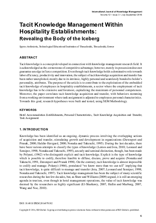 (PDF) Tacit Knowledge Management Within Hospitality Establishments