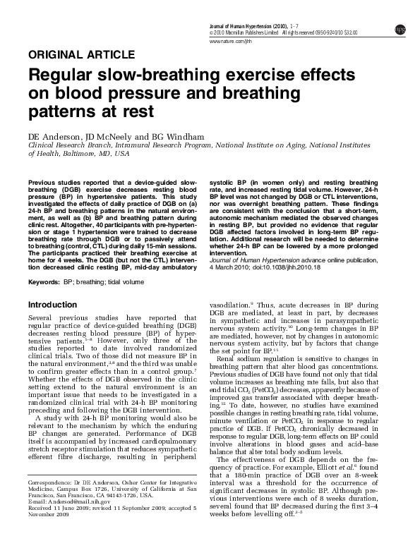 (PDF) Regular slowbreathing exercise effects on blood pressure and breathing patterns at rest
