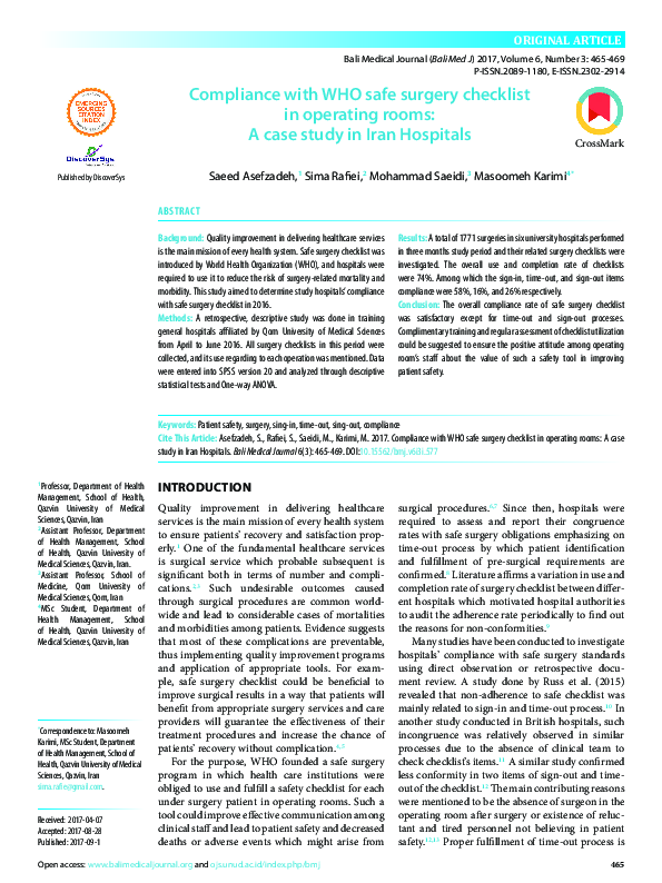 (PDF) Compliance with WHO safe surgery checklist in operating rooms A
