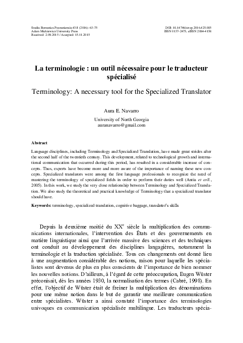 (PDF) La terminologie : un outil nécessaire pour le traducteur spécialisé