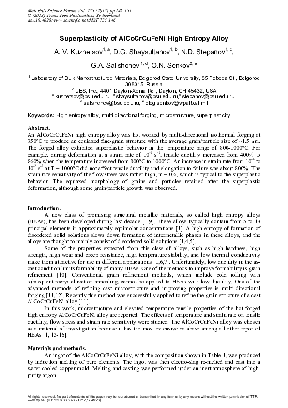 (PDF) Superplasticity of AlCoCrCuFeNi high entropy alloy
