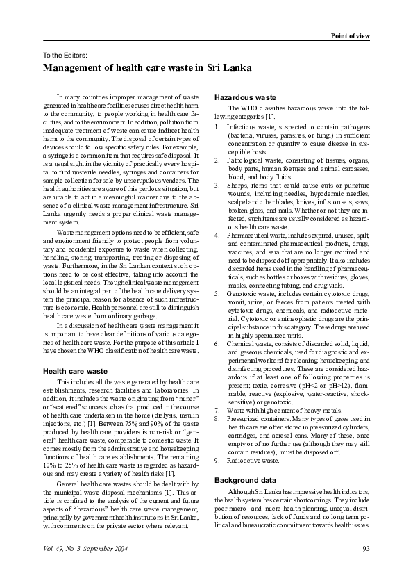 (PDF) Management of health care waste in Sri Lanka