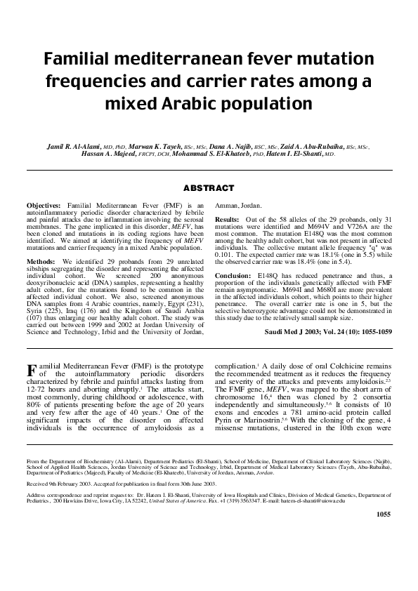 (PDF) Familial Mediterranean fever mutation frequencies and carrier ...