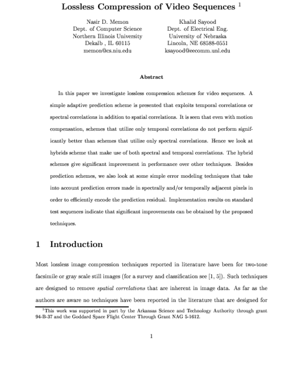 (PDF) Lossless compression of video sequences
