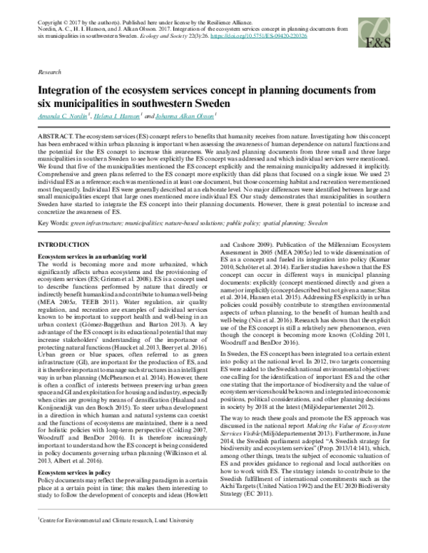 (PDF) Integration of the ecosystem services concept in planning ...