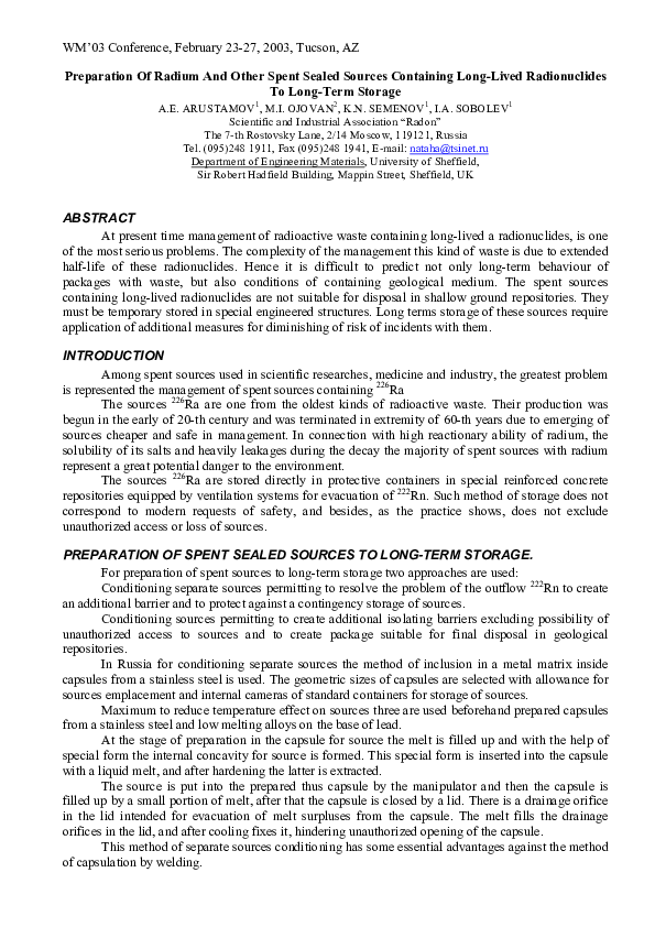 (PDF) Preparation Of Radium And Other Spent Sealed Sources Containing ...
