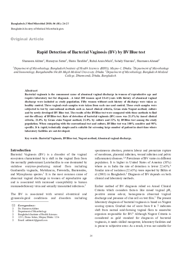 (PDF) Rapid Detection of Bacterial Vaginosis (BV) by BVBlue test