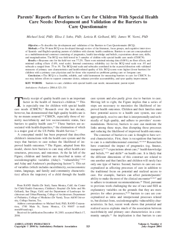 (PDF) Parents' Reports of Barriers to Care for Children With Special