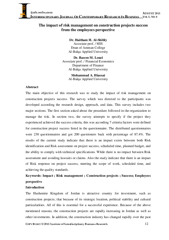 (PDF) The impact of risk management on construction projects success ...