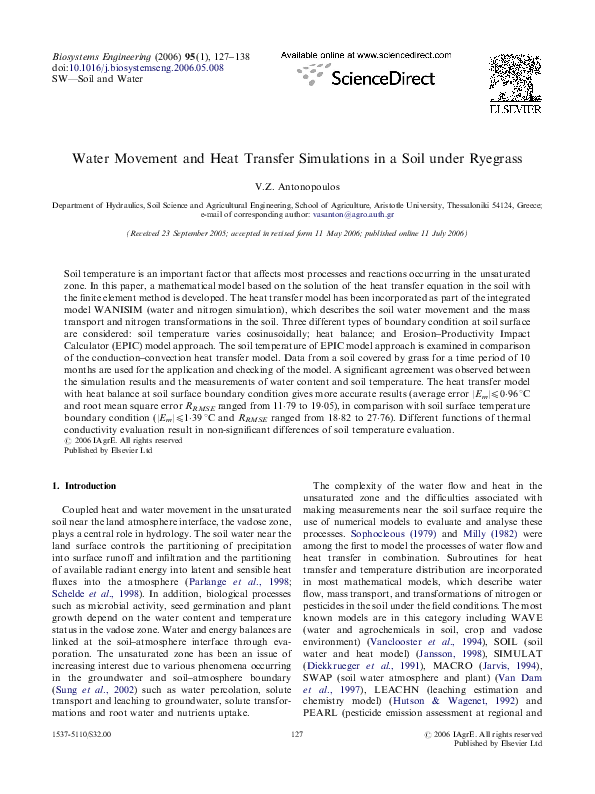 (PDF) Water Movement and Heat Transfer Simulations in a Soil under Ryegrass