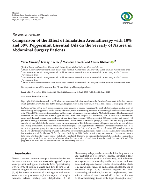 (PDF) Comparison of the Effect of Inhalation Aromatherapy with 10 and