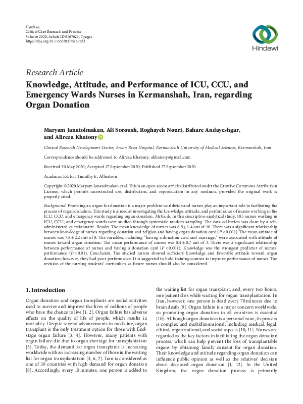 (PDF) Knowledge, Attitude, and Performance of ICU, CCU, and Emergency ...