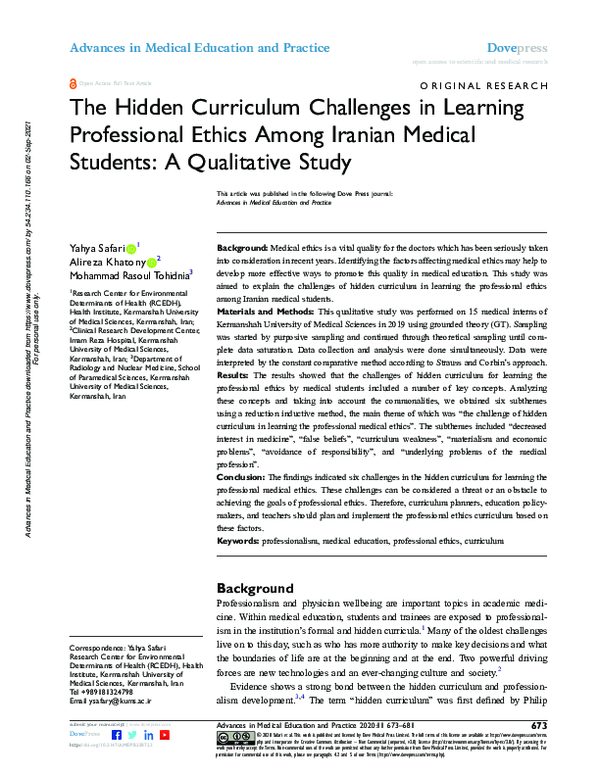 (PDF) The Hidden Curriculum Challenges in Learning Professional Ethics ...