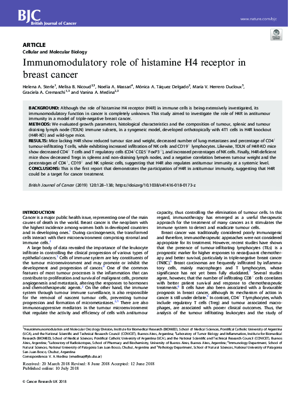 (PDF) Immunomodulatory role of histamine H4 receptor in breast cancer