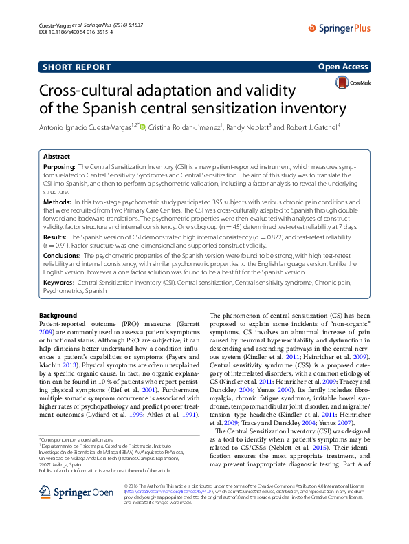 (PDF) Cross-cultural adaptation and validity of the Spanish central ...