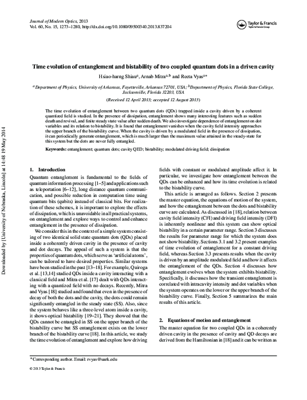 (PDF) Time evolution of entanglement and bistability of two coupled ...