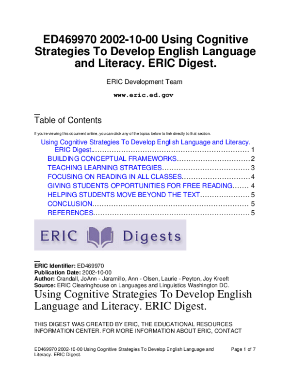 (PDF) Using Cognitive Strategies To Develop English Language and Literacy