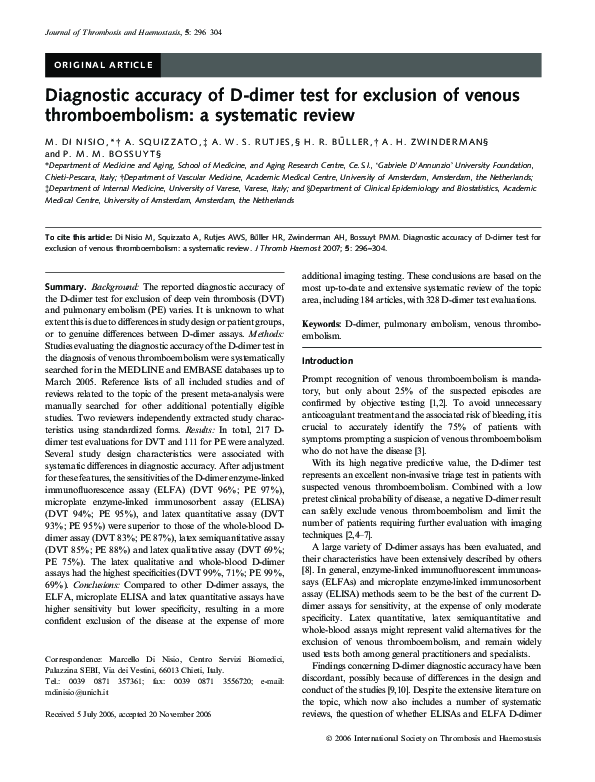 (PDF) Diagnostic accuracy of Ddimer test for exclusion of venous