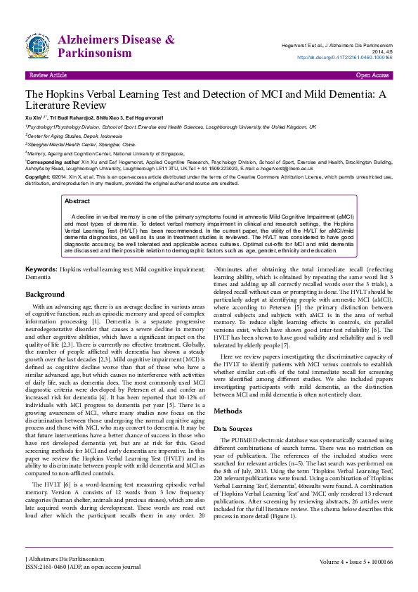(PDF) The Hopkins Verbal Learning Test and Detection of MCI and Mild ...