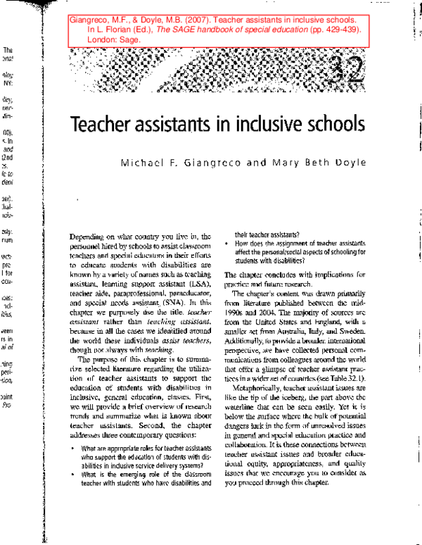 (PDF) Teacher Assistants in Inclusive Schools Mary Doyle Academia.edu