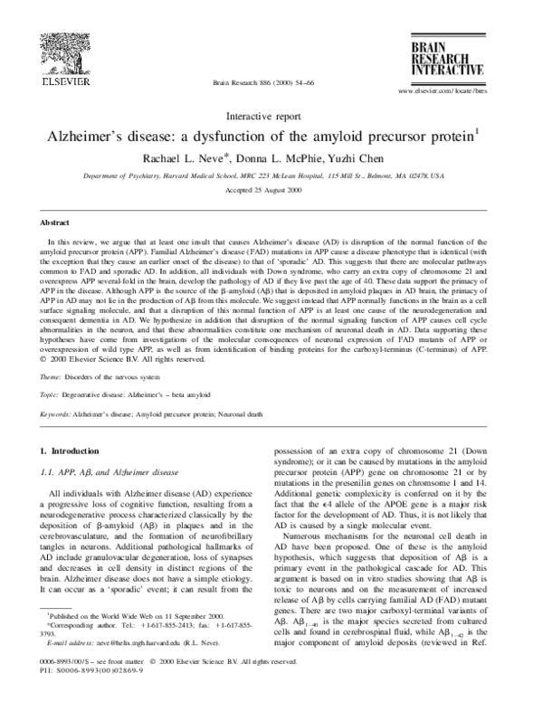 (PDF) Alzheimer’s disease: a dysfunction of the amyloid precursor protein