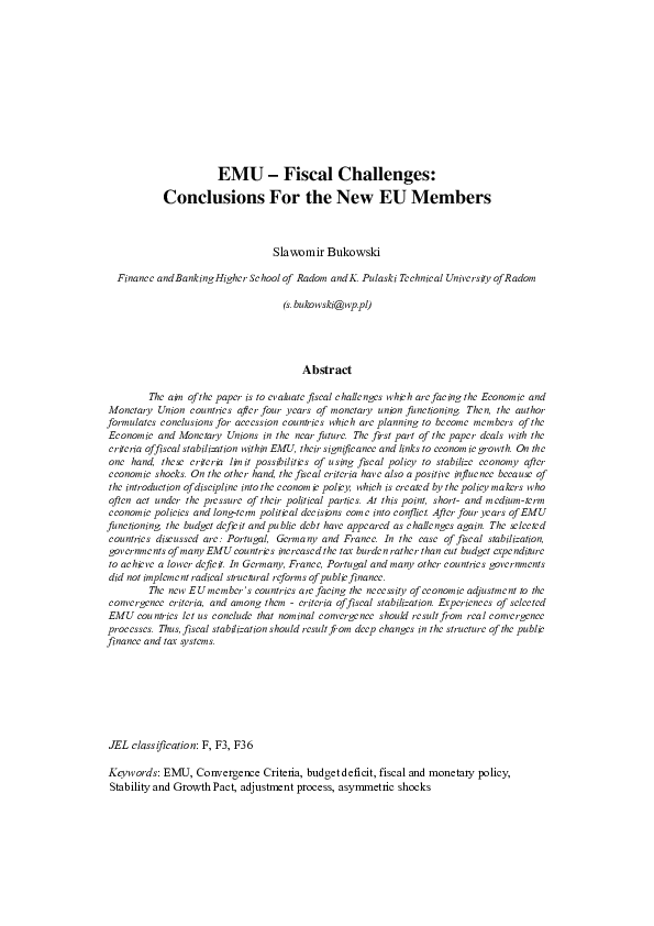 (PDF) EMU â Fiscal Challenges: Conclusions For the New EU Members