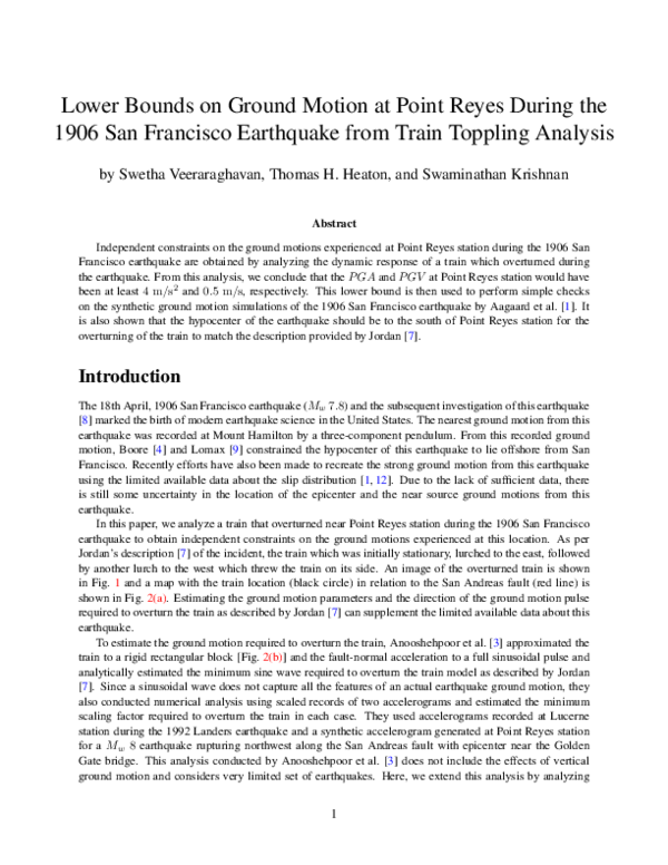 (PDF) Lower Bounds on Ground Motion at Point Reyes during the 1906 San ...