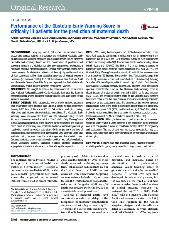 (PDF) Performance of the Obstetric Early Warning Score in critically ...