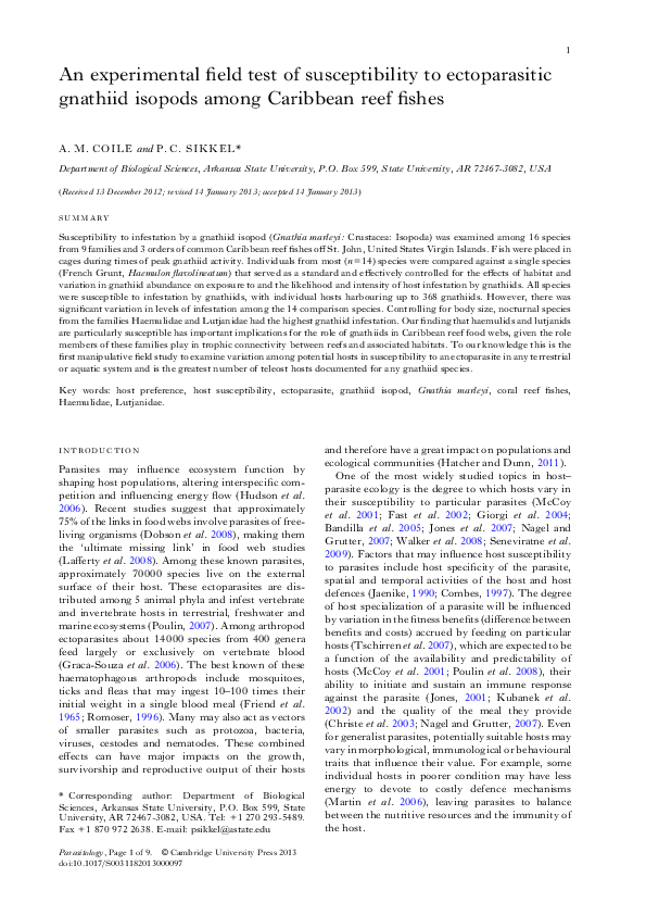 (PDF) Gnathiid Isopod Infestation in Caribbean Fishes