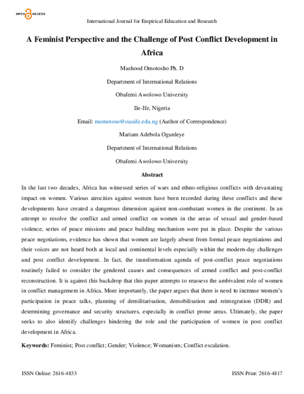 (PDF) A Feminist Perspective and the Challenge of Post Conflict ...
