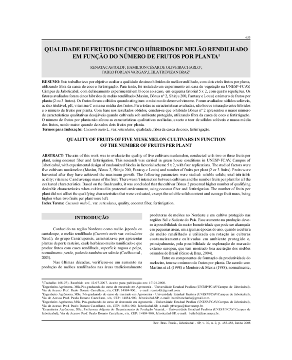 Qualidade de frutos de cinco híbridos de melão rendilhado em função do número de frutos por planta