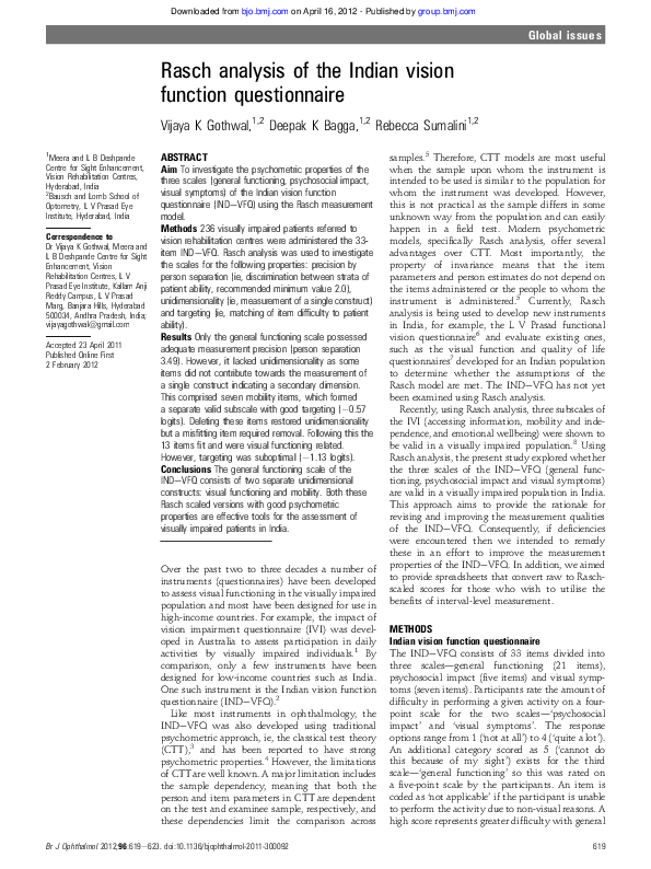 (PDF) Rasch analysis of the Indian vision function questionnaire
