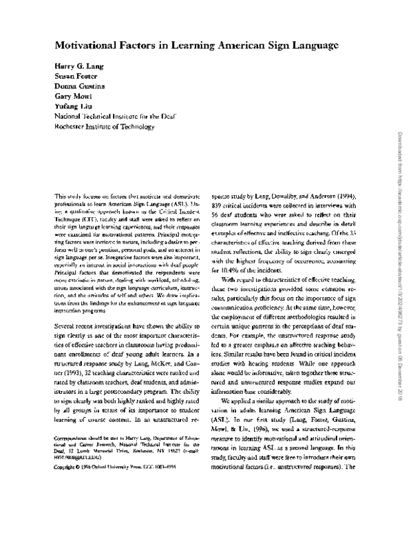 (PDF) Motivational Factors in Learning American Sign Language Harry Lang Academia.edu