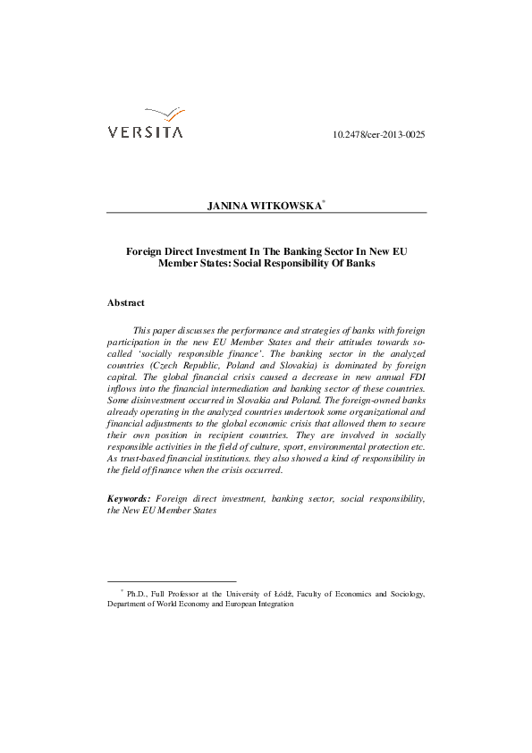 (PDF) Foreign Direct Investment In The Banking Sector In New EU Member ...