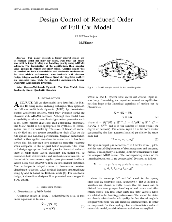 (PDF) Design Control of Reduced Order Full Car Model