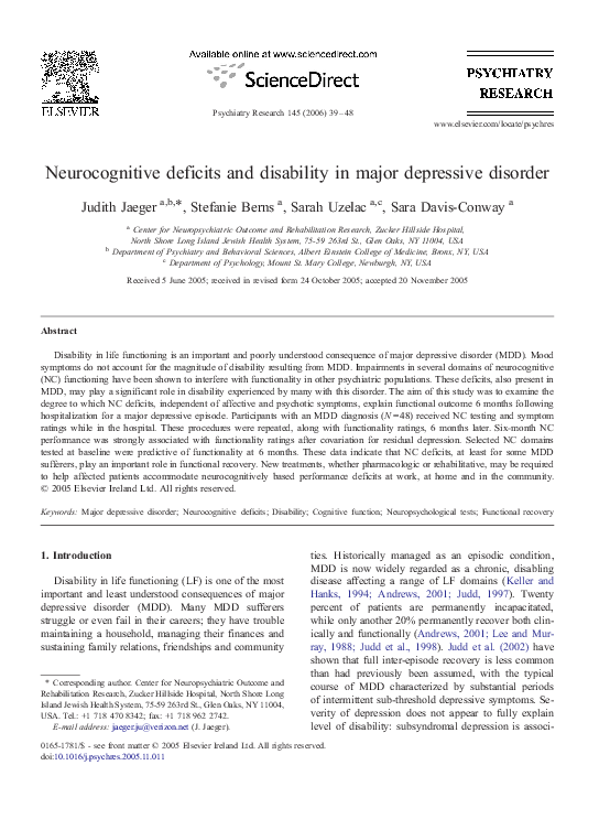 (PDF) Neurocognitive deficits and disability in major depressive disorder