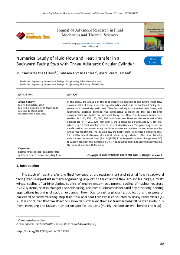 (PDF) Numerical Study of Fluid Flow and Heat Transfer in a Backward ...