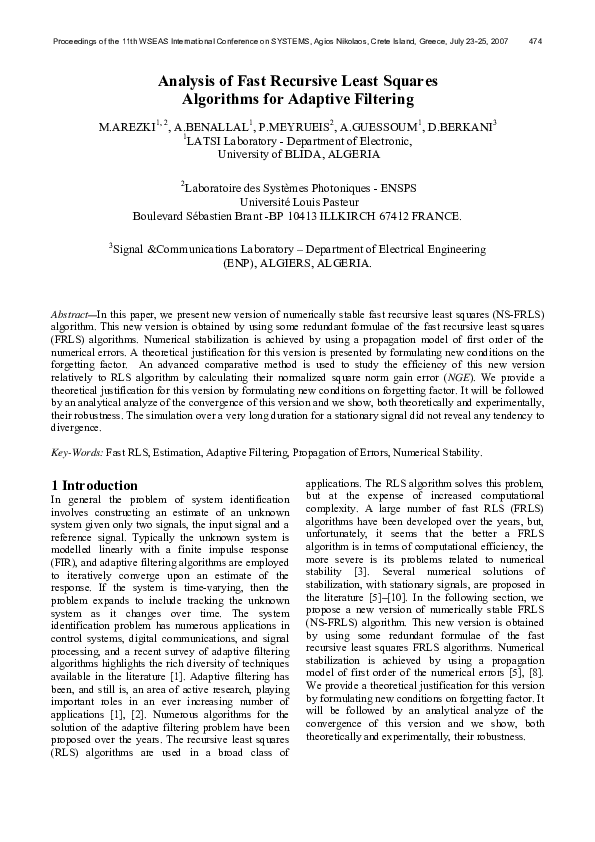 (PDF) Analysis of fast recursive least squares algorithms for adaptive ...