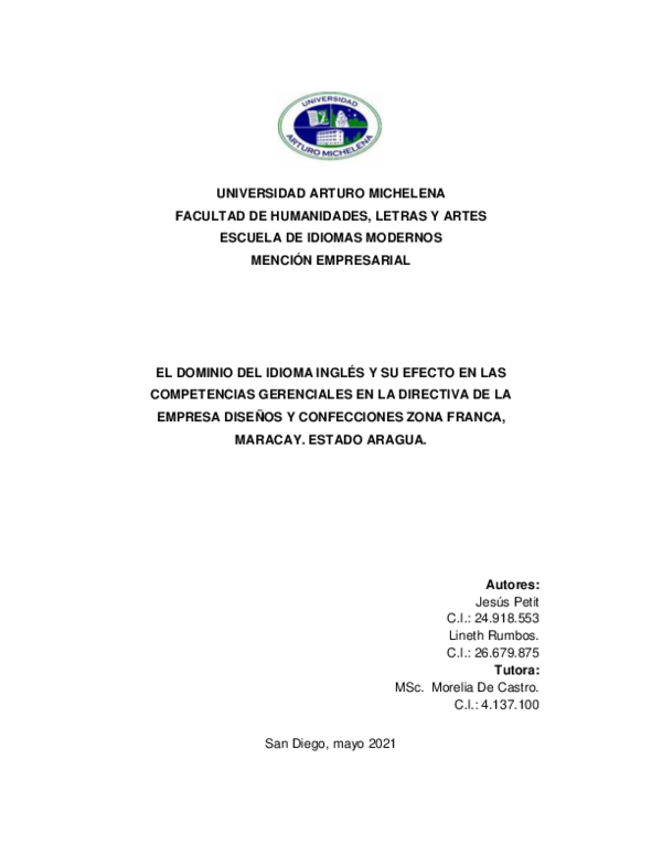 (PDF) Universidad Arturo Michelena. TEG EL DOMINIO DEL IDIOMA INGLÉS Y