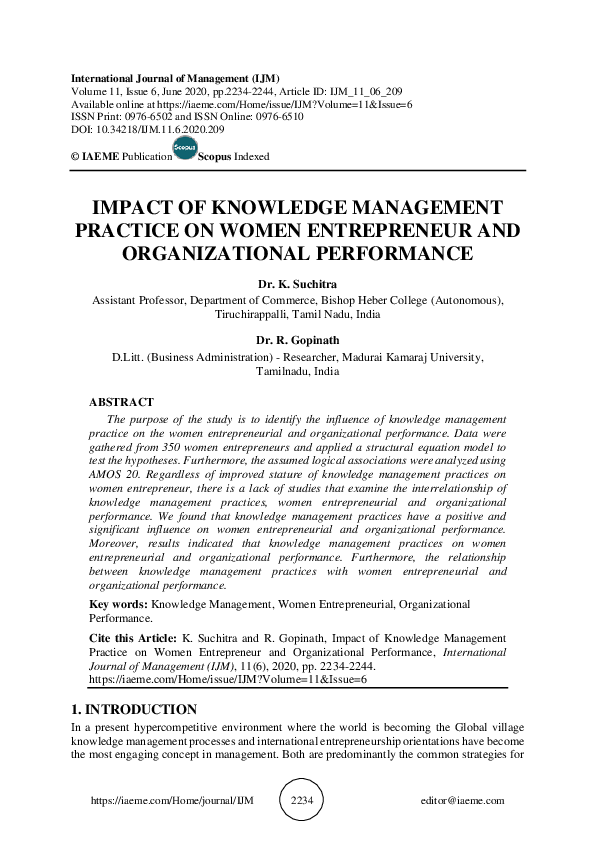 (PDF) IMPACT OF KNOWLEDGE MANAGEMENT PRACTICE ON WOMEN ENTREPRENEUR AND ...