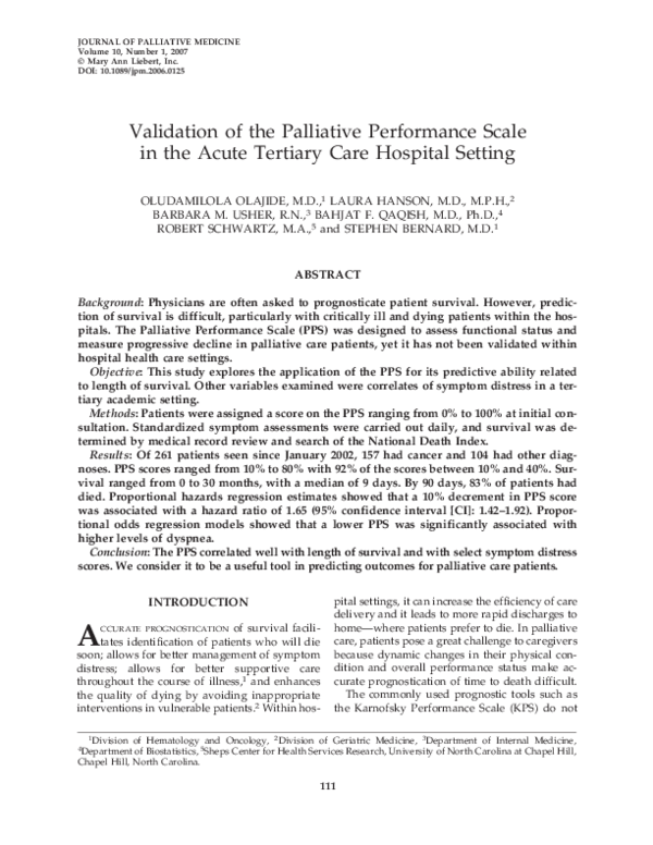 (PDF) Validation of the Palliative Performance Scale in the Acute ...