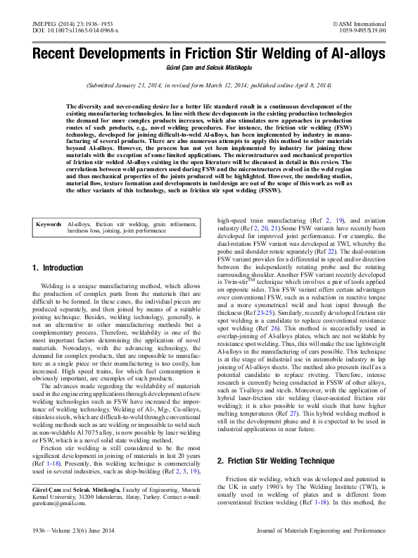 (PDF) Recent Developments in Friction Stir Welding of Al-alloys