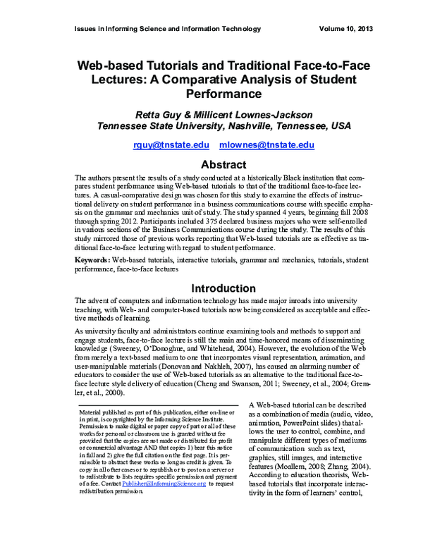 (PDF) Web-based Tutorials and Traditional Face-to-Face Lectures: A ...