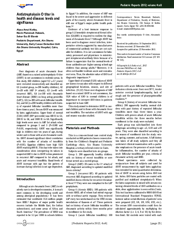 (PDF) Antistreptolysin O titer in health and disease: levels and ...