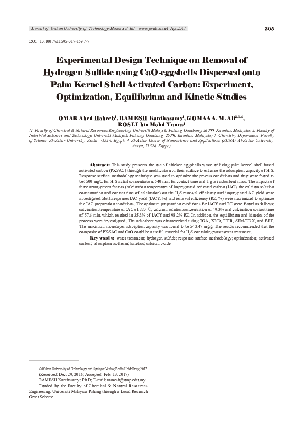 (PDF) Experimental design technique on removal of hydrogen sulfide ...