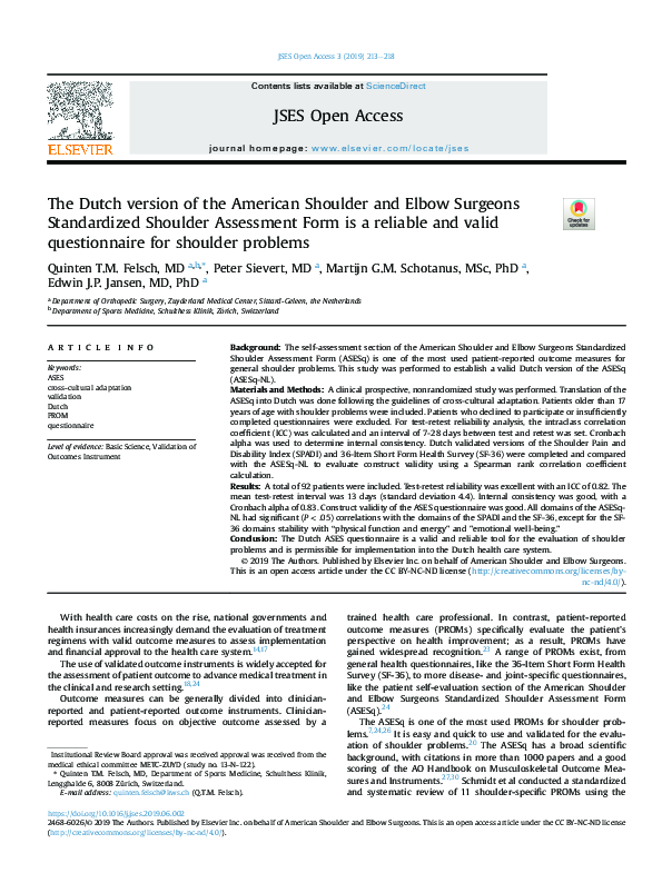 (PDF) The Dutch version of the American Shoulder and Elbow Surgeons ...