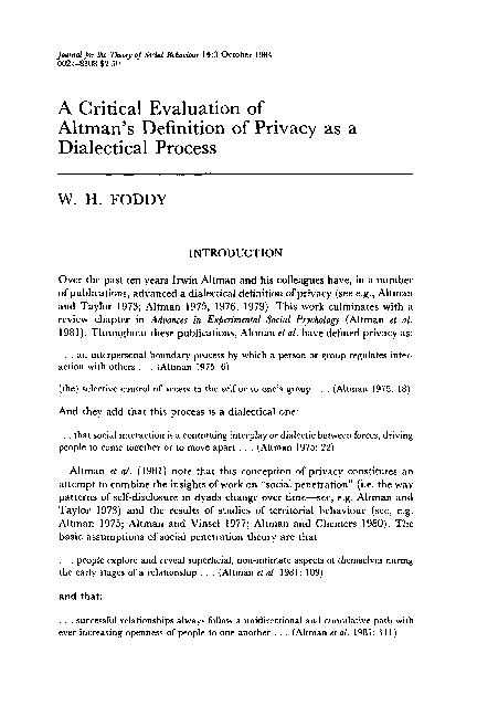 (PDF) A Critical Evaluation of Altman's Definition of Privacy as a ...
