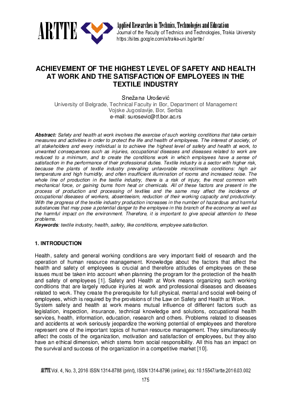 (PDF) Achievement of the highest level of safety and health at work and