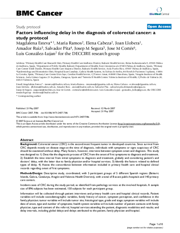 (PDF) Factors influencing delay in the diagnosis of colorectal cancer ...